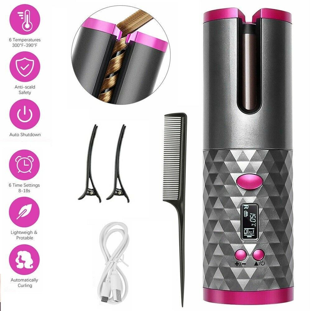 Electric LCD Display Automatic Rotating Cordless Hair Curler Fast Curling Iron Tongs Portable USB Rechargeable With Comb Safe USB Cordless Automatic Rotating Hair Curler Hair Waver Curling Iron - MeNelly’s Boutique 